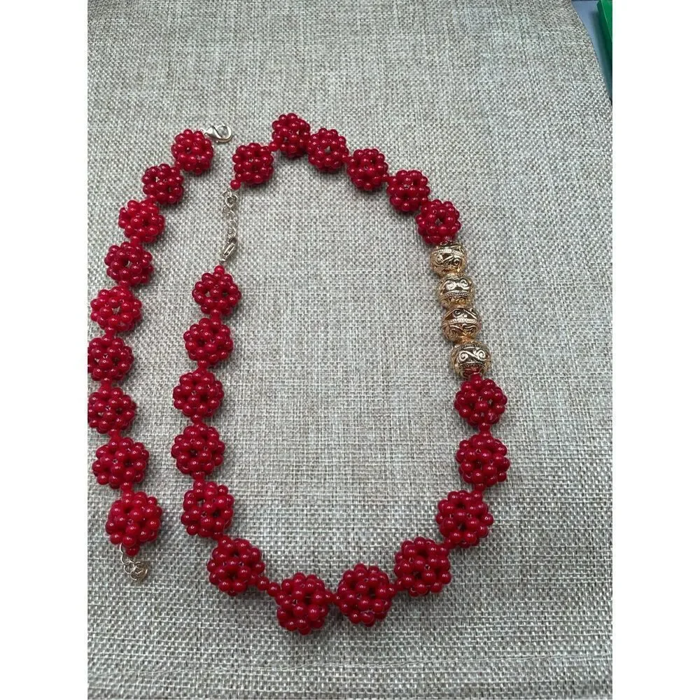 Charming Cherry Two piece Set Necklace and Bracelet Bright Red Beaded